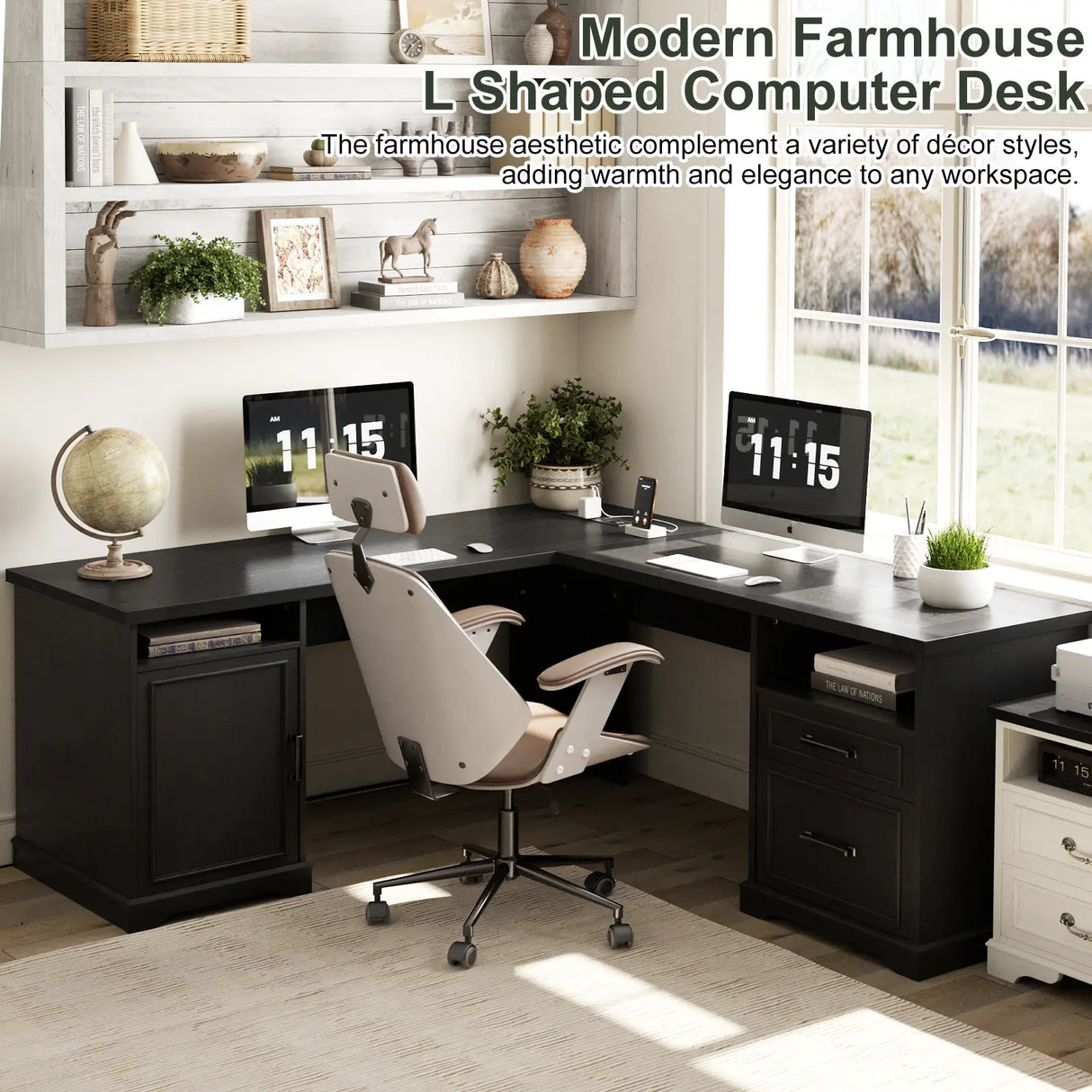 59'' L Shaped Desk with Drawers and Cabinet