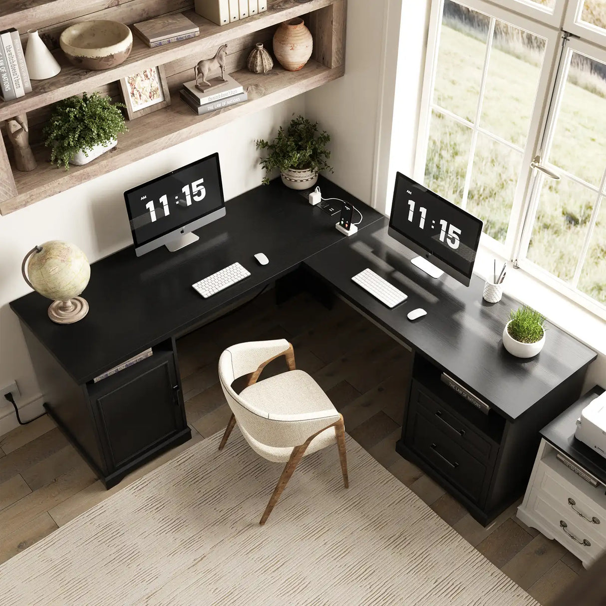 59'' L Shaped Desk with Drawers and Cabinet