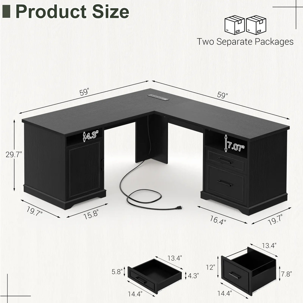 59'' L Shaped Desk with Drawers and Cabinet