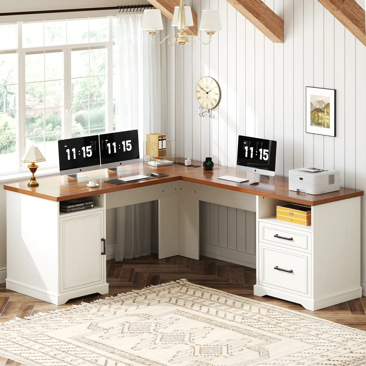 59'' L Shaped Desk with Drawers and Cabinet