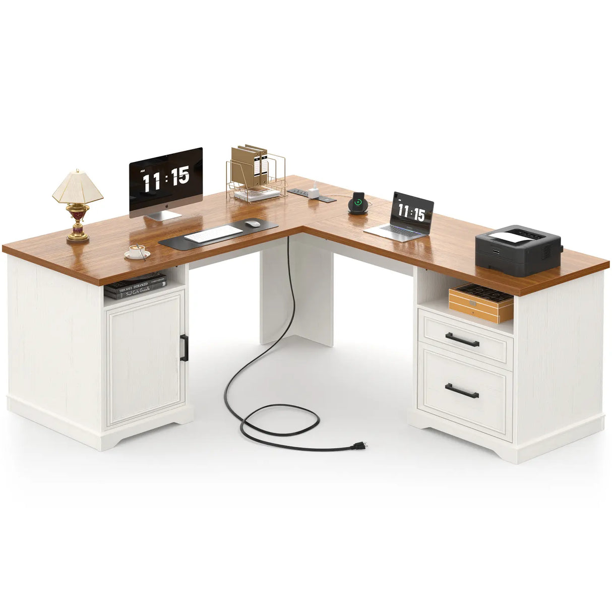 59'' L Shaped Desk with Drawers and Cabinet