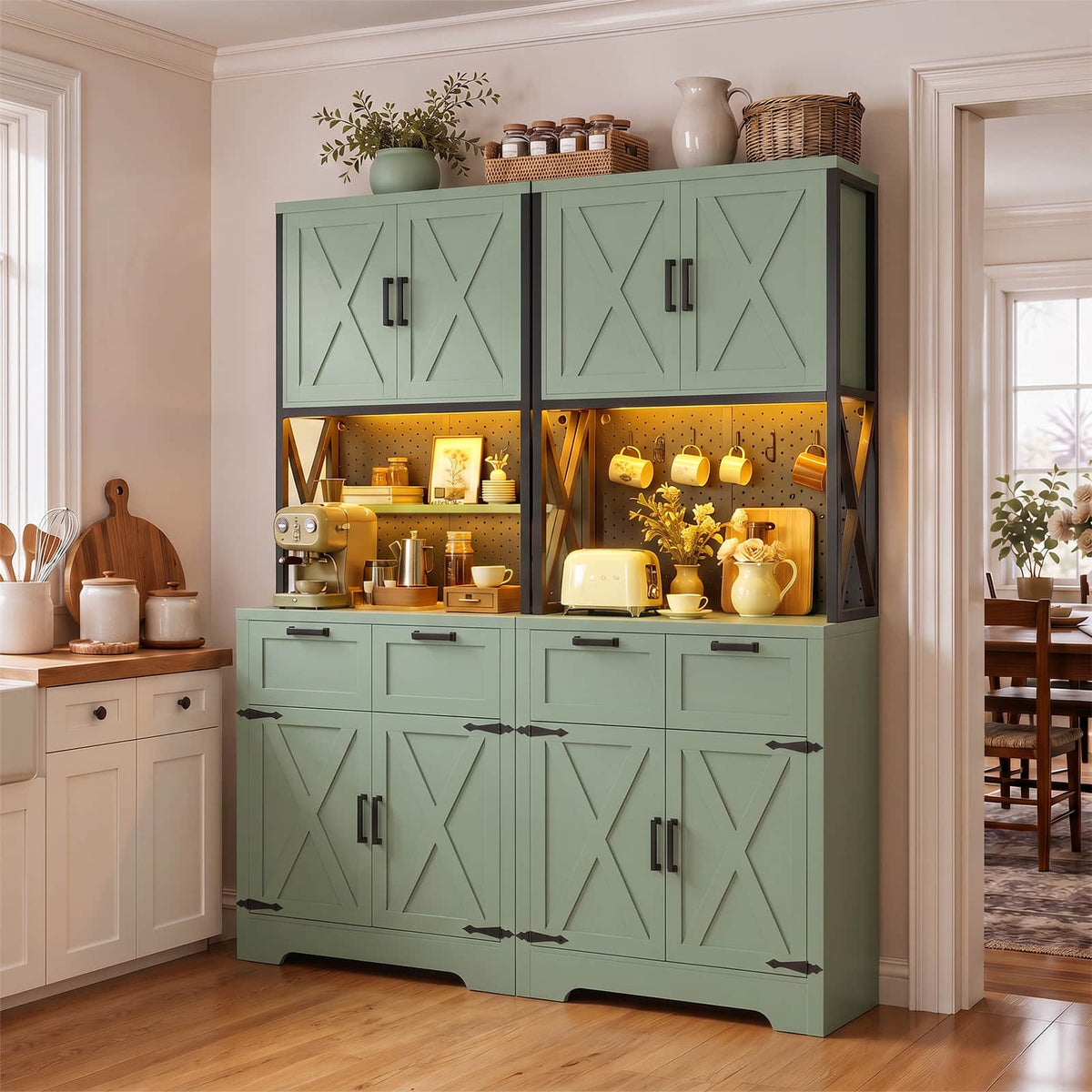 71" Tall Kitchen Pantry Cabinet with Microwave Countertop, 63" Wide