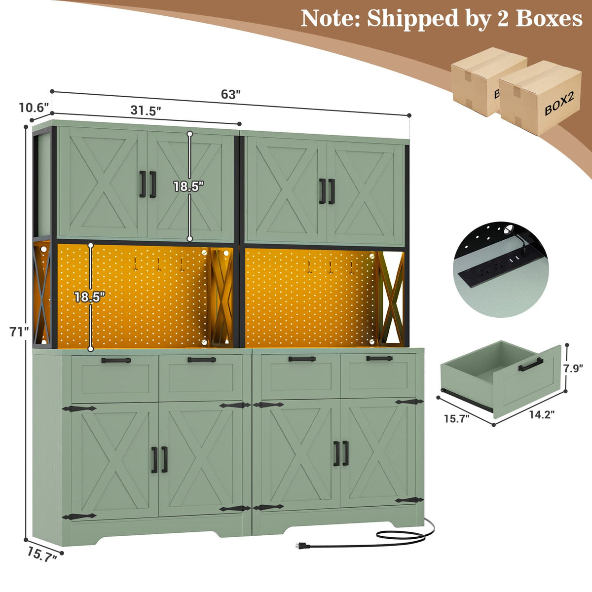 71" Tall Kitchen Pantry Cabinet with Microwave Countertop, 63" Wide