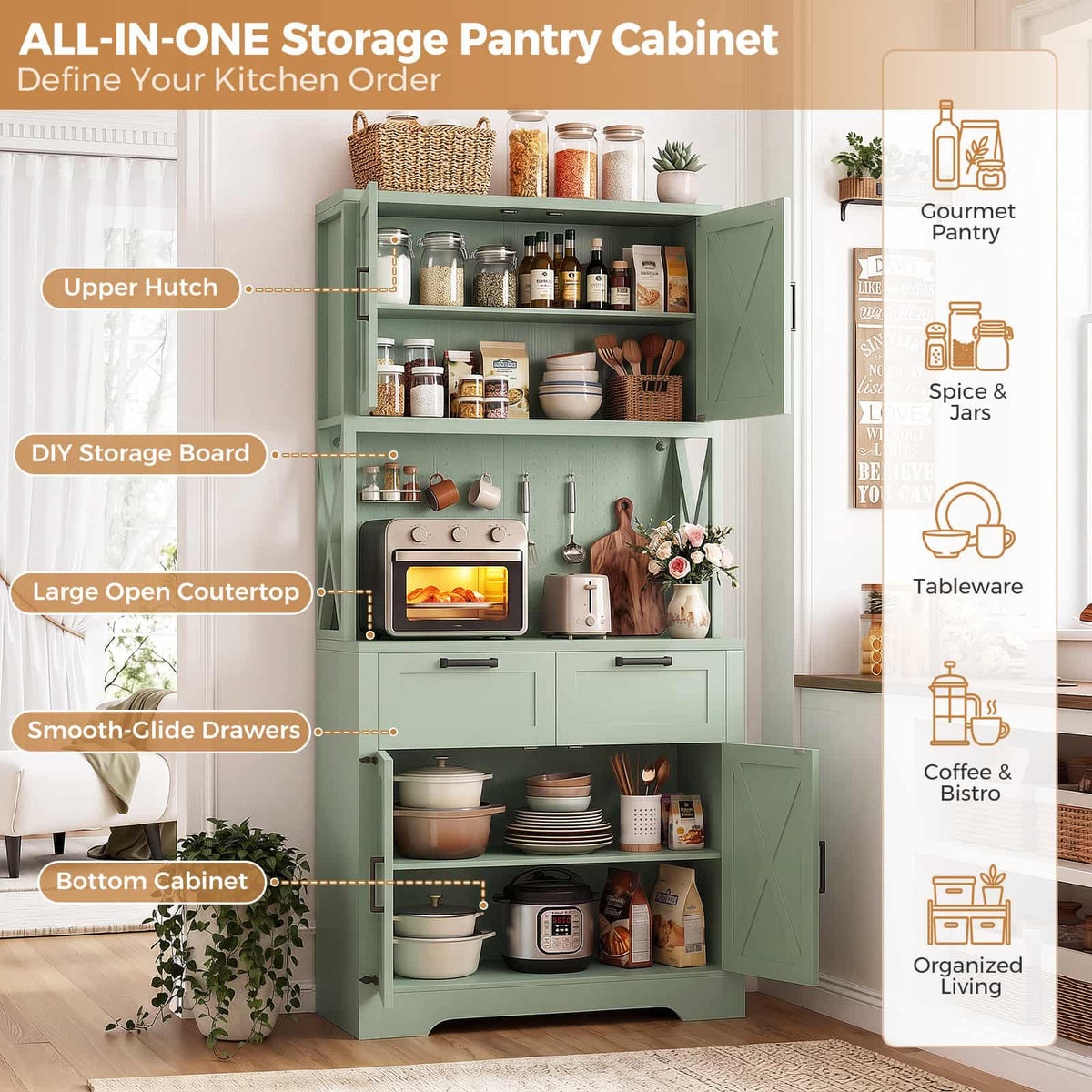 71" Tall Kitchen Pantry Storage Cabinet with Microwave Countertop