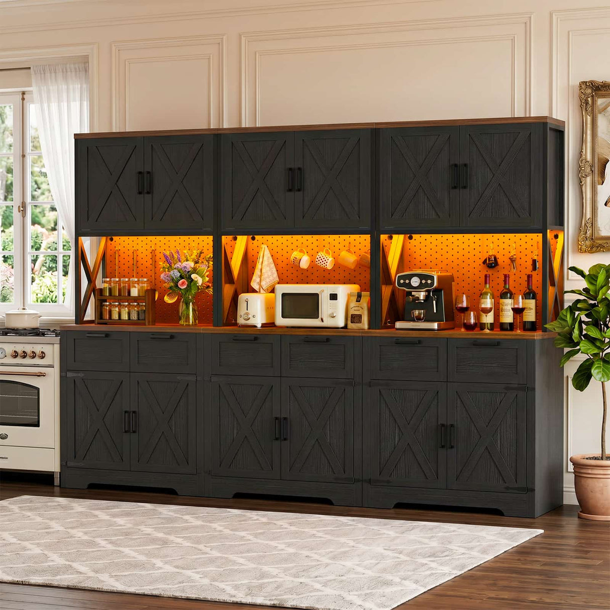 94.5" W x 71" H Kitchen Pantry Cabinet with Countertop, Large Storage Buffet Hutch with 3 Power Outlets & LED Lights