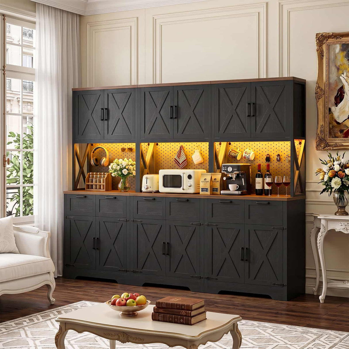 94.5" W x 71" H Kitchen Pantry Cabinet with Countertop, Large Storage Buffet Hutch with 3 Power Outlets & LED Lights
