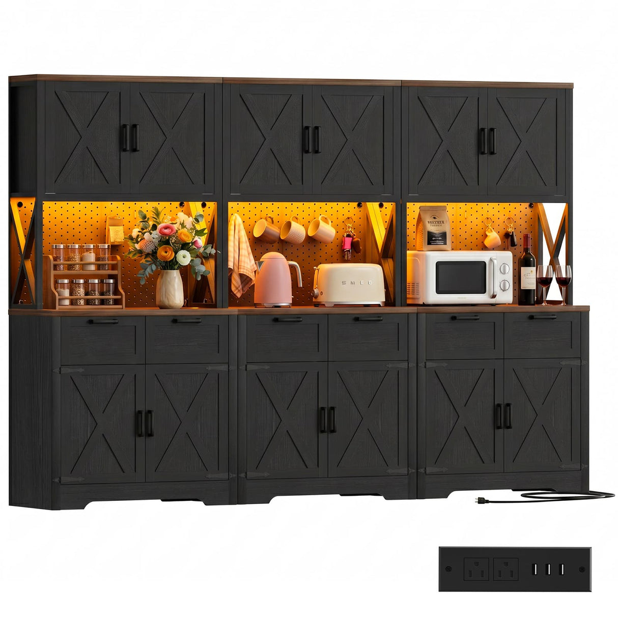 94.5" W x 71" H Kitchen Pantry Cabinet with Countertop, Large Storage Buffet Hutch with 3 Power Outlets & LED Lights