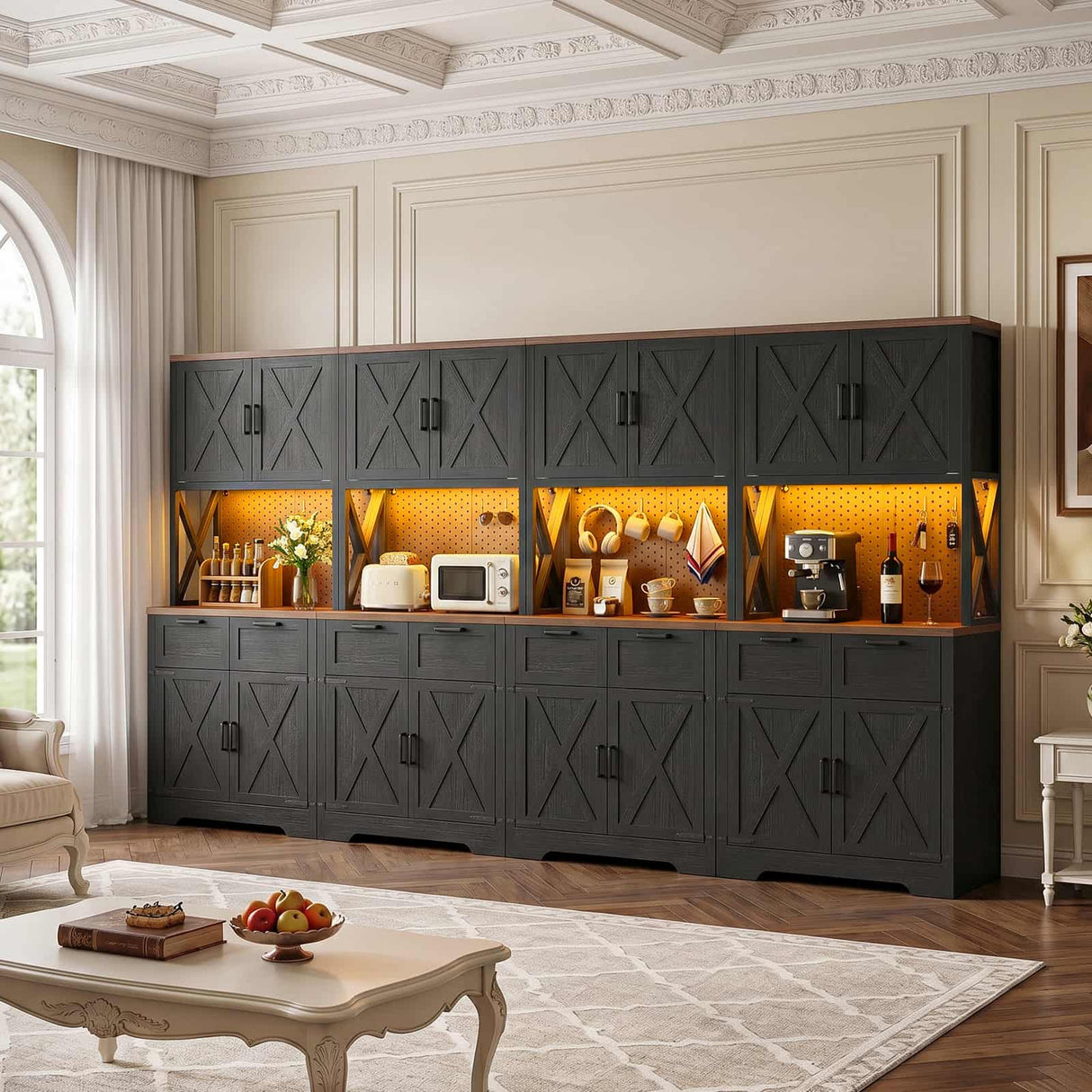 126" W x 71" H Kitchen Pantry Cabinet with Countertop, Large Storage Buffet Hutch with 4 Power Outlets & LED Lights