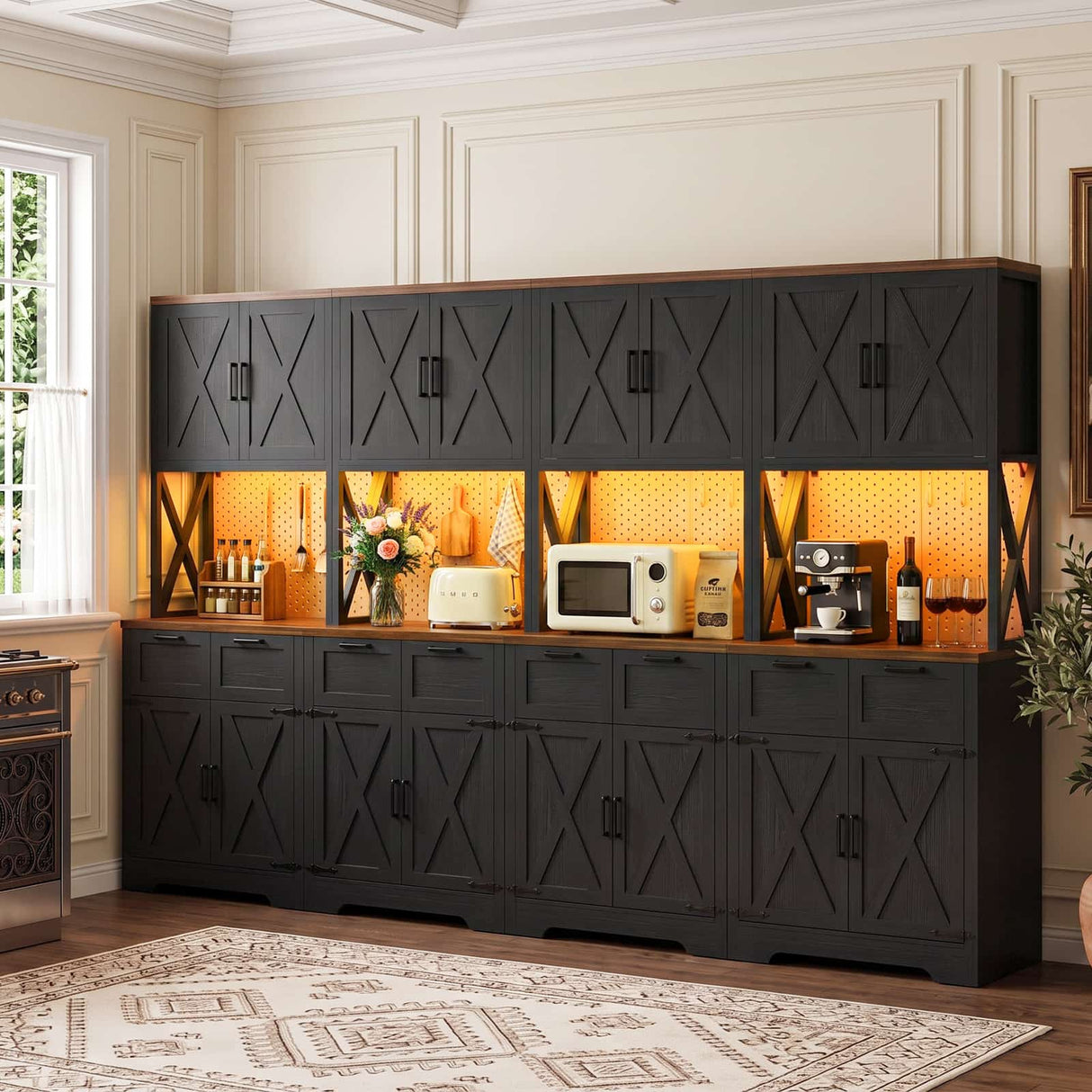 126" W x 71" H Kitchen Pantry Cabinet with Countertop, Large Storage Buffet Hutch with 4 Power Outlets & LED Lights