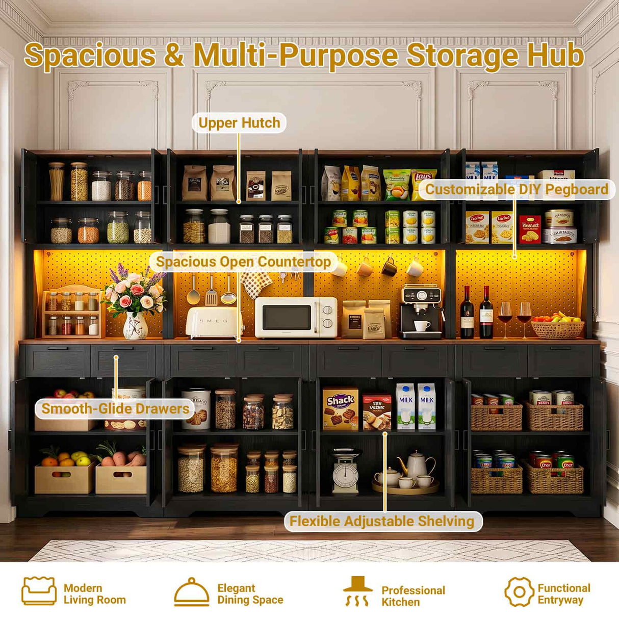 126" W x 71" H Kitchen Pantry Cabinet with Countertop, Large Storage Buffet Hutch with 4 Power Outlets & LED Lights