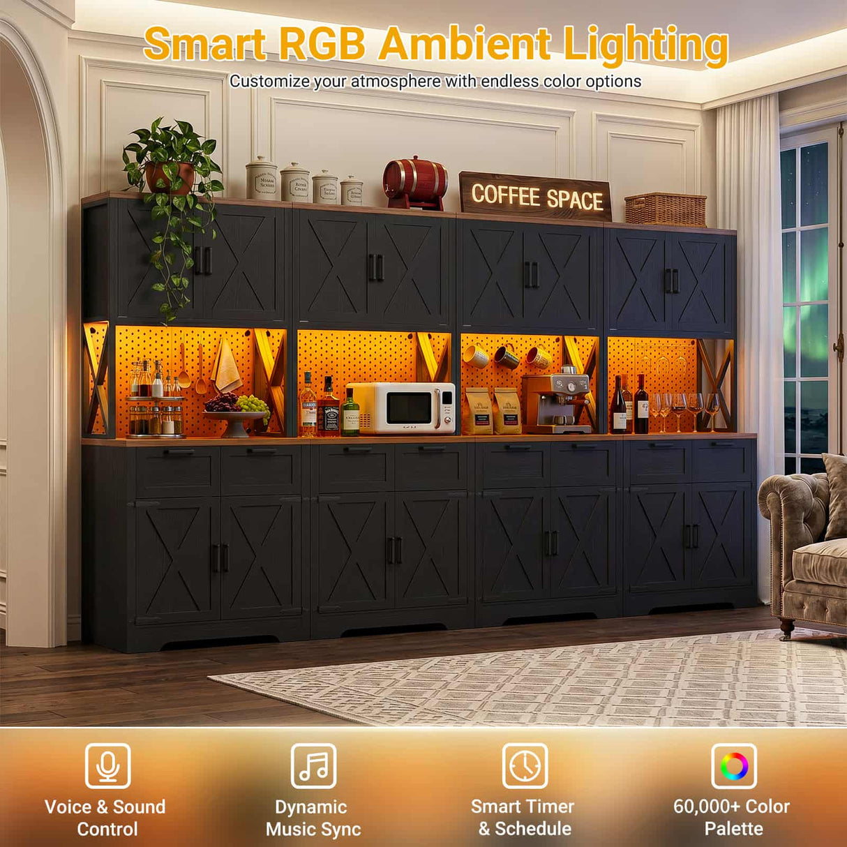 126" W x 71" H Kitchen Pantry Cabinet with Countertop, Large Storage Buffet Hutch with 4 Power Outlets & LED Lights