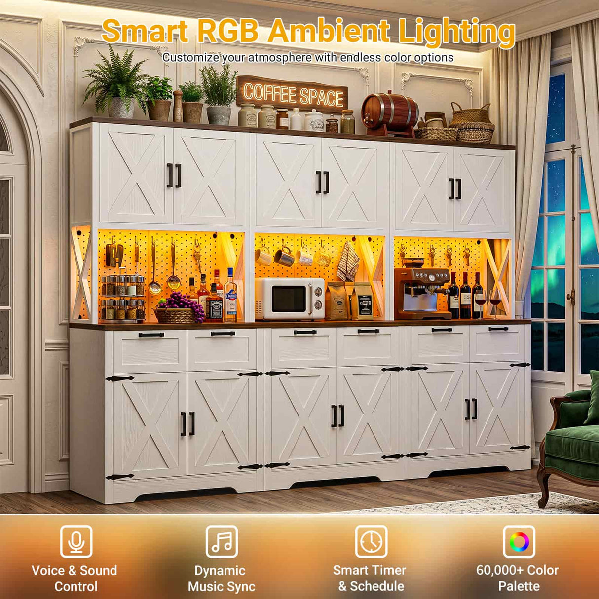 94.5" W x 71" H Kitchen Pantry Cabinet with Countertop, Large Storage Buffet Hutch with 3 Power Outlets & LED Lights