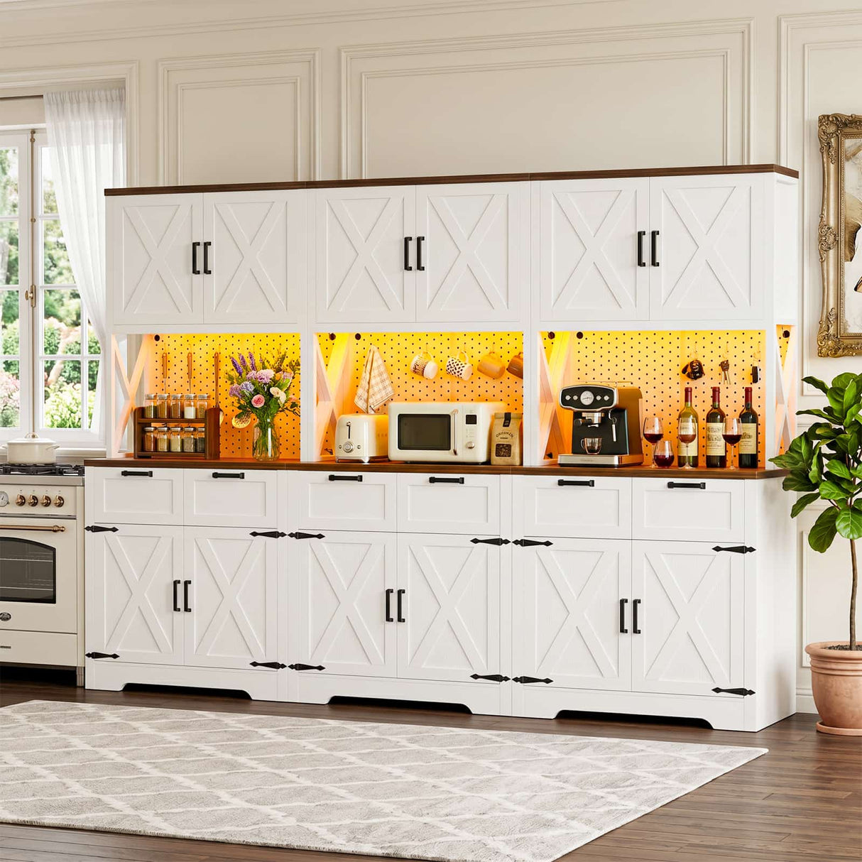 94.5" W x 71" H Kitchen Pantry Cabinet with Countertop, Large Storage Buffet Hutch with 3 Power Outlets & LED Lights