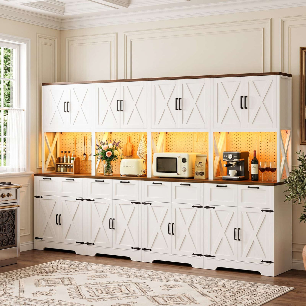 126" W x 71" H Kitchen Pantry Cabinet with Countertop, Large Storage Buffet Hutch with 4 Power Outlets & LED Lights