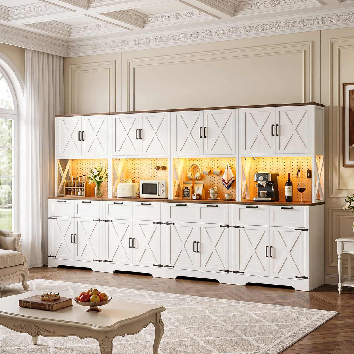 126" W x 71" H Kitchen Pantry Cabinet with Countertop, Large Storage Buffet Hutch with 4 Power Outlets & LED Lights