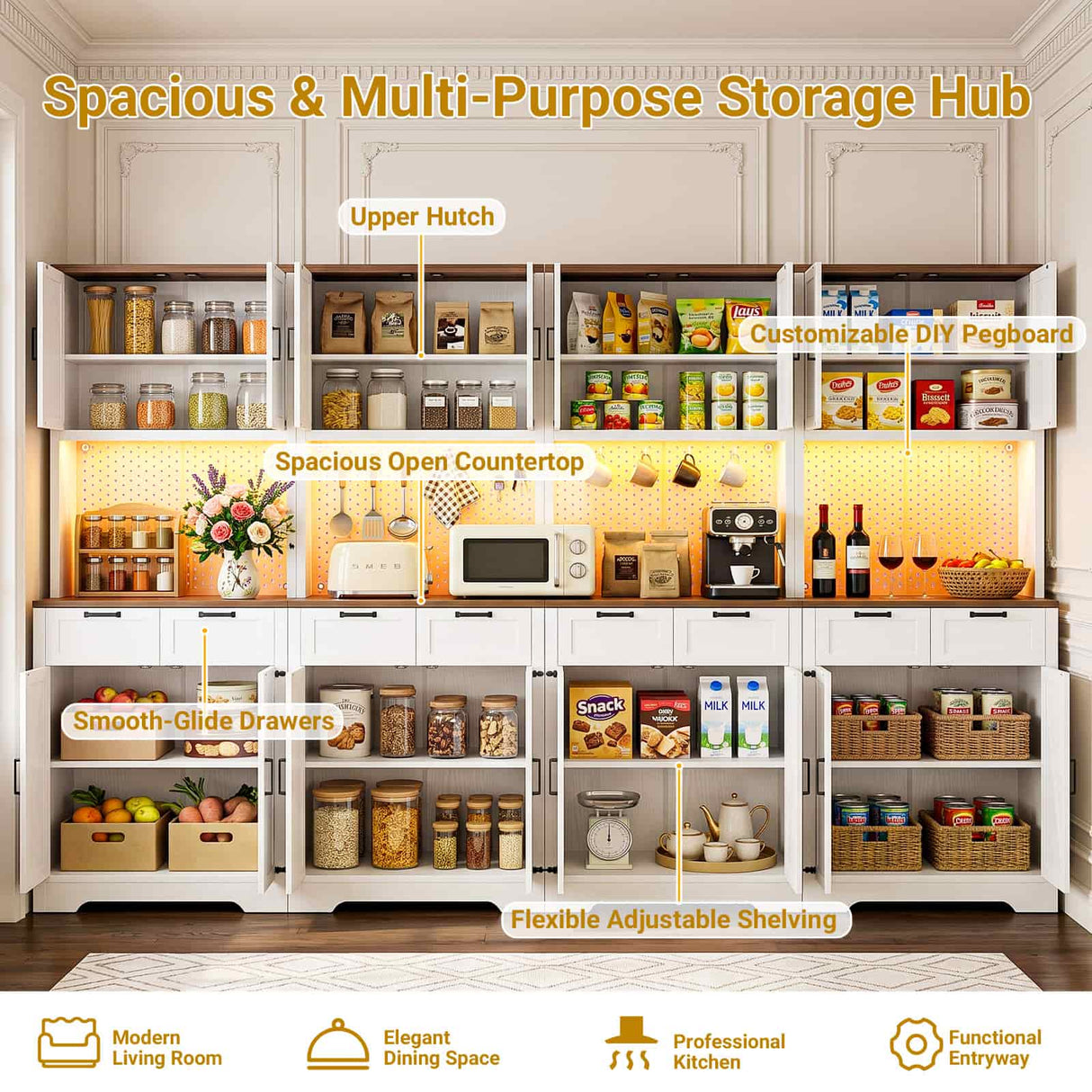 126" W x 71" H Kitchen Pantry Cabinet with Countertop, Large Storage Buffet Hutch with 4 Power Outlets & LED Lights