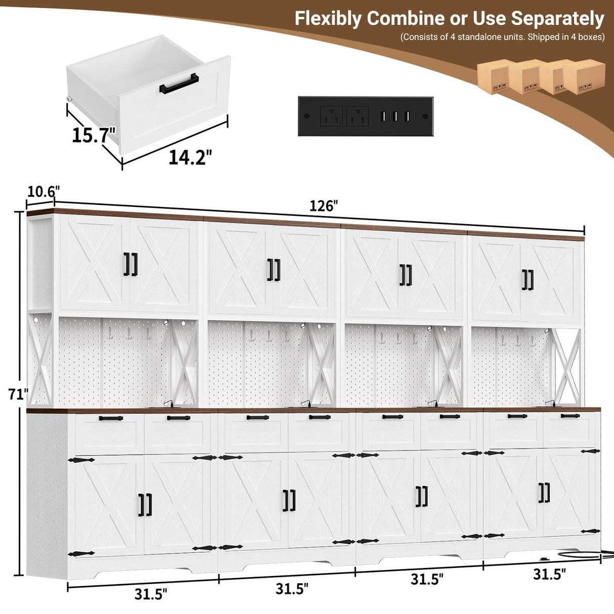 126" W x 71" H Kitchen Pantry Cabinet with Countertop, Large Storage Buffet Hutch with 4 Power Outlets & LED Lights