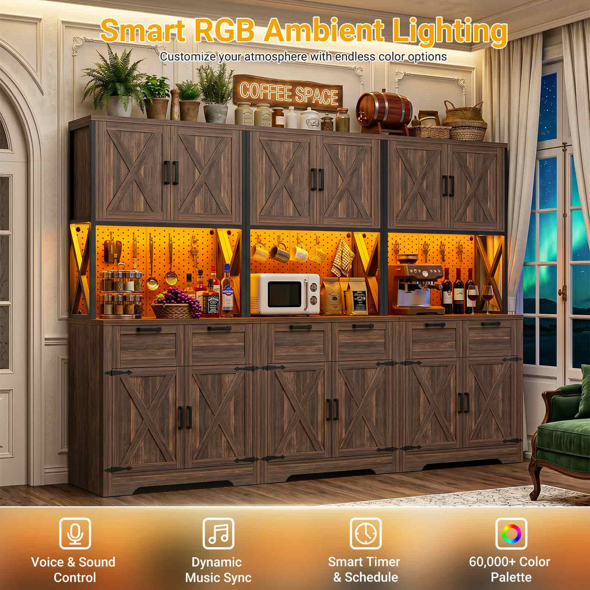 94.5" W x 71" H Kitchen Pantry Cabinet with Countertop, Large Storage Buffet Hutch with 3 Power Outlets & LED Lights