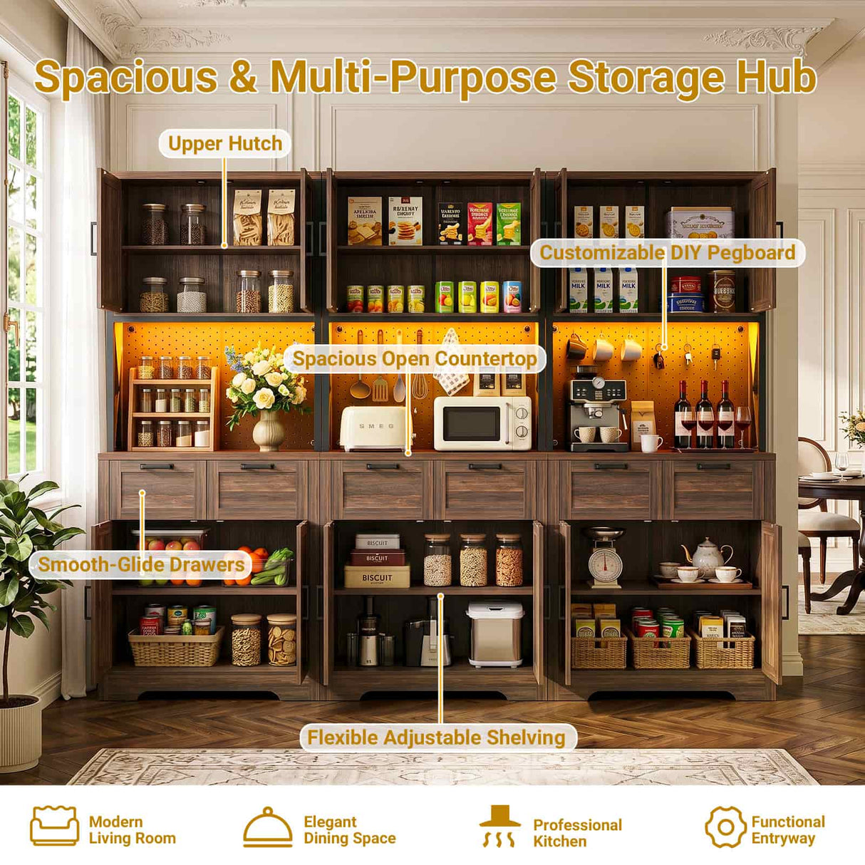 94.5" W x 71" H Kitchen Pantry Cabinet with Countertop, Large Storage Buffet Hutch with 3 Power Outlets & LED Lights