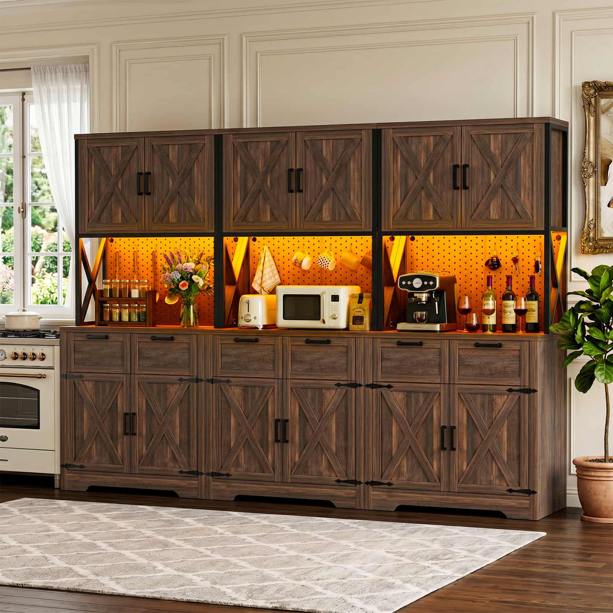 94.5" W x 71" H Kitchen Pantry Cabinet with Countertop, Large Storage Buffet Hutch with 3 Power Outlets & LED Lights
