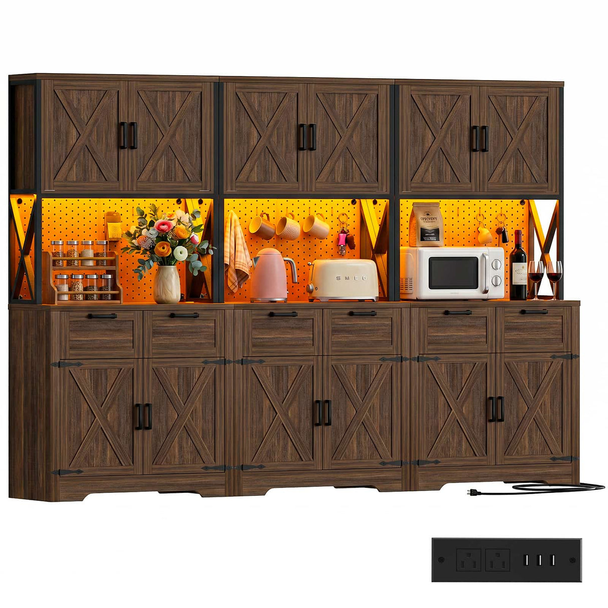 94.5" W x 71" H Kitchen Pantry Cabinet with Countertop, Large Storage Buffet Hutch with 3 Power Outlets & LED Lights