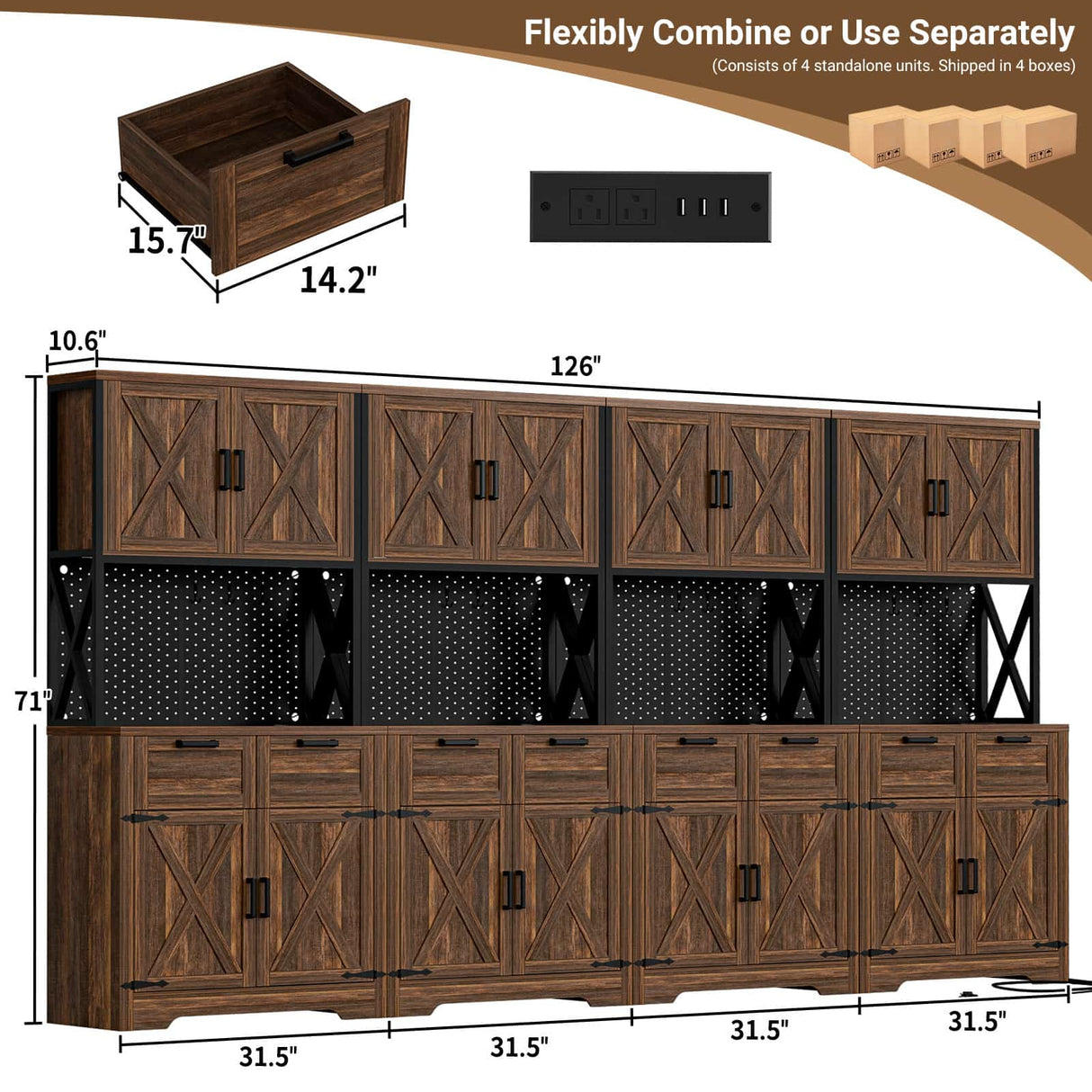 126" W x 71" H Kitchen Pantry Cabinet with Countertop, Large Storage Buffet Hutch with 4 Power Outlets & LED Lights
