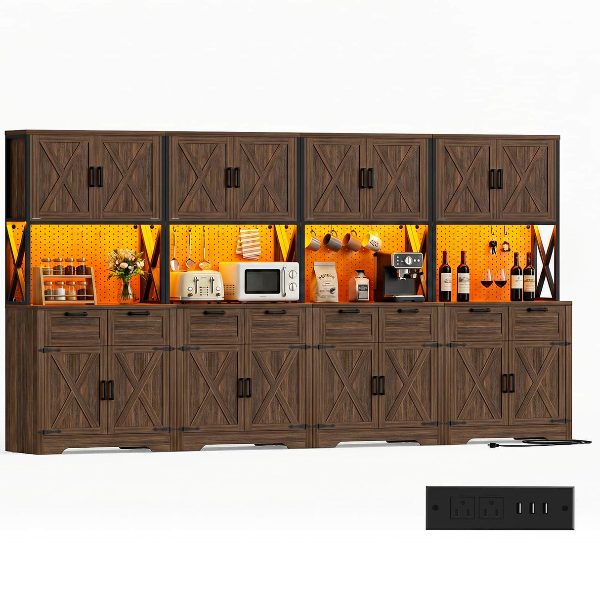 126" W x 71" H Kitchen Pantry Cabinet with Countertop, Large Storage Buffet Hutch with 4 Power Outlets & LED Lights