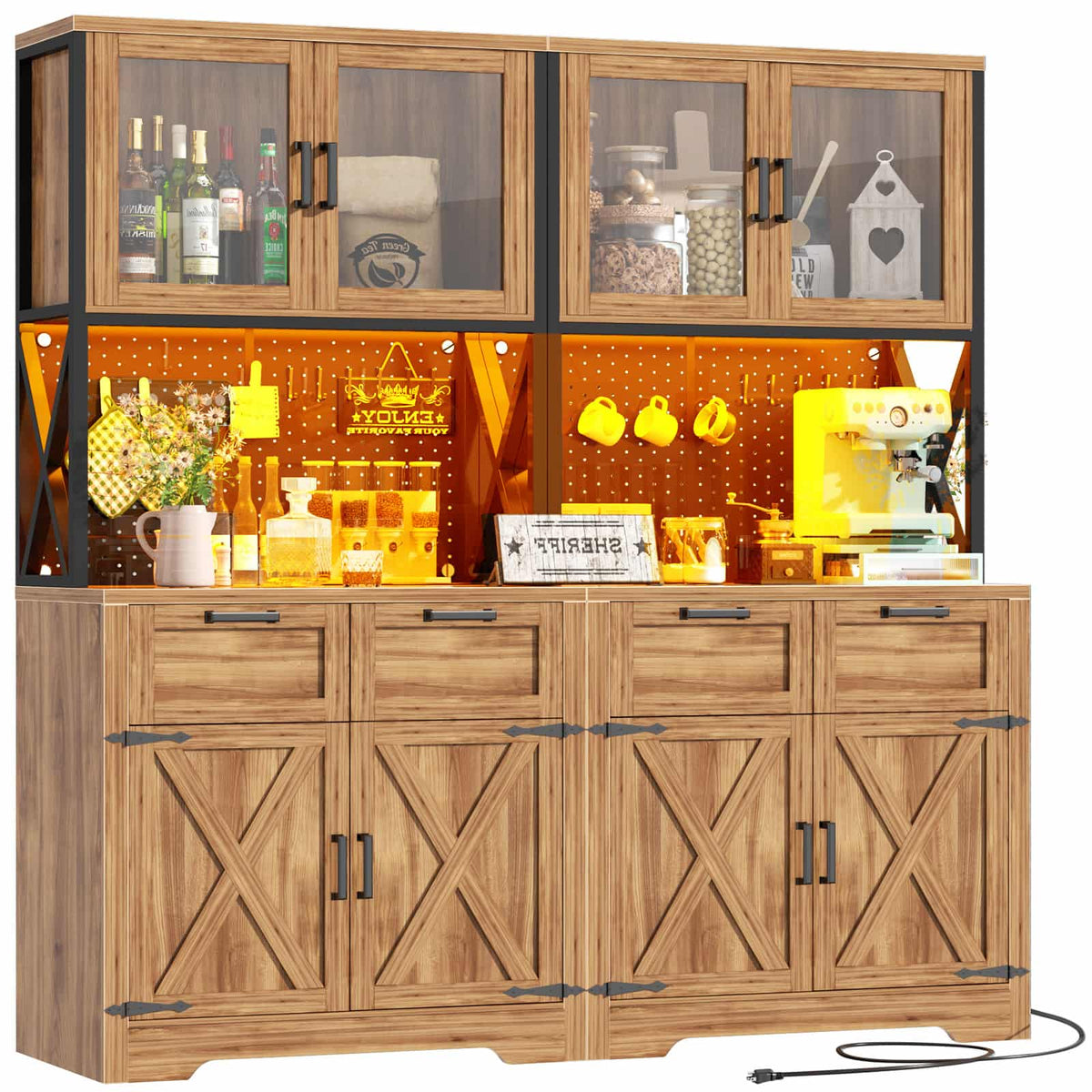 71" Kitchen Pantry Cabinet with Outlet, Microwave Stand, RGB Light