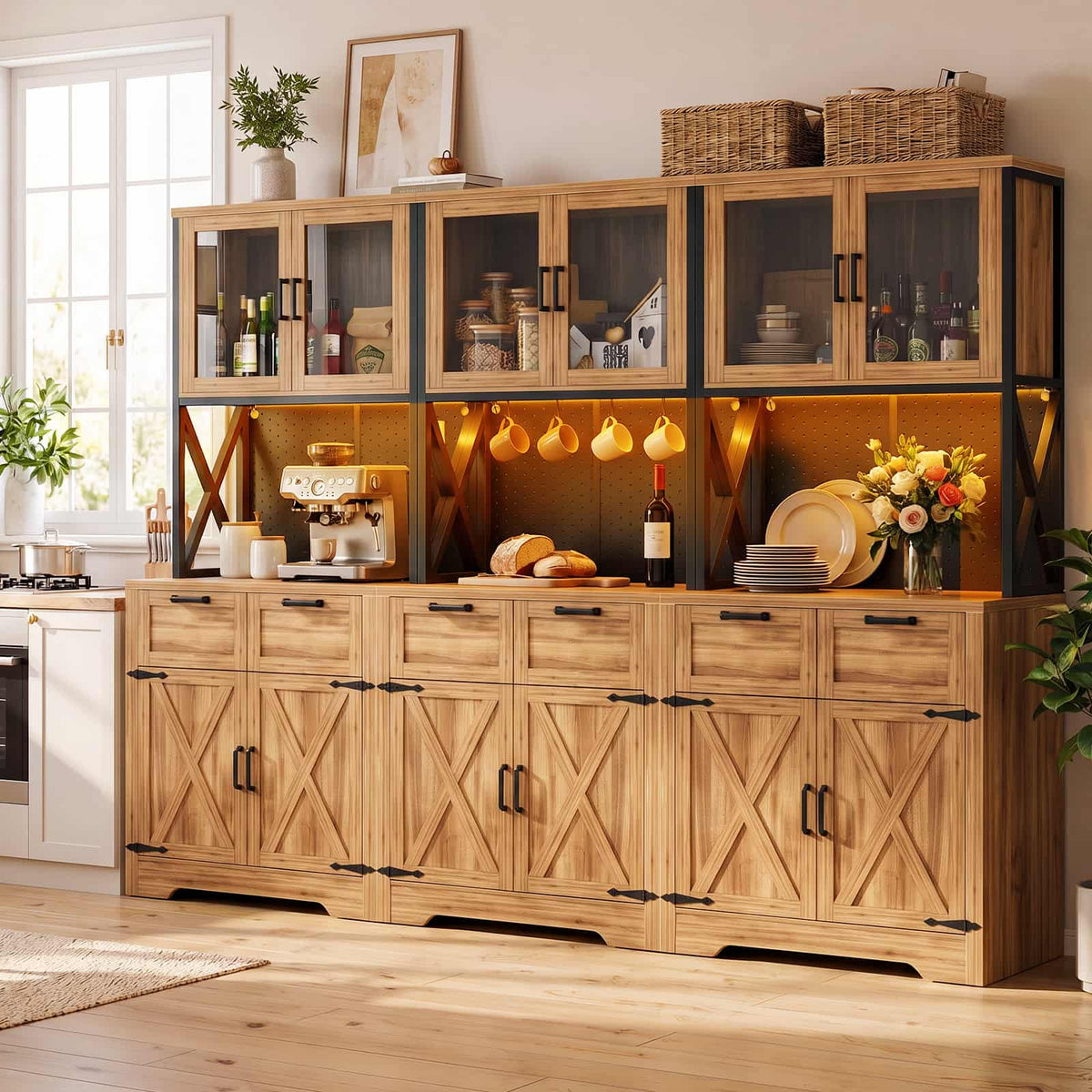94.5" Wide Kitchen Pantry Cabinet with 3 Power Outlets & LED Light, 71" Tall Large Kitchen Hutch with Countertop, DIY Pegboard with 18 Hooks & 6 Drawers, Farmhouse Food Pantry