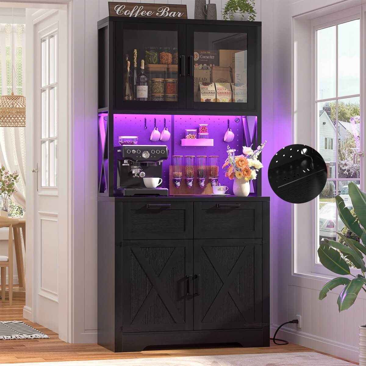 71" Pantry Cabinet with LED Light & Outlet, Coming with 2 Wood Drawers