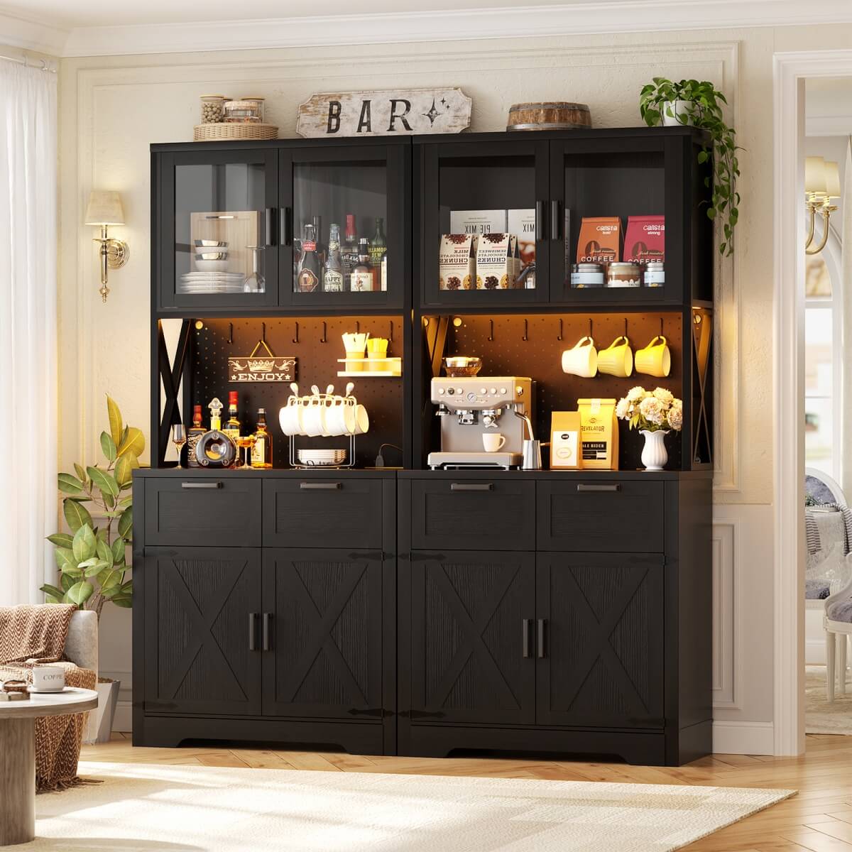 71" Pantry Cabinet with LED Light & Outlet, Coming with 2 Wood Drawers