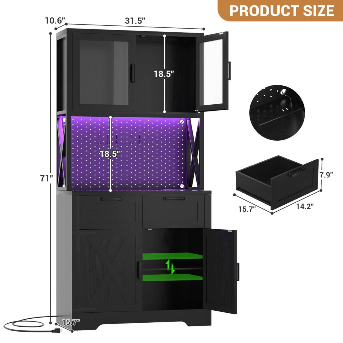 71" Pantry Cabinet with LED Light & Outlet, Coming with 2 Wood Drawers