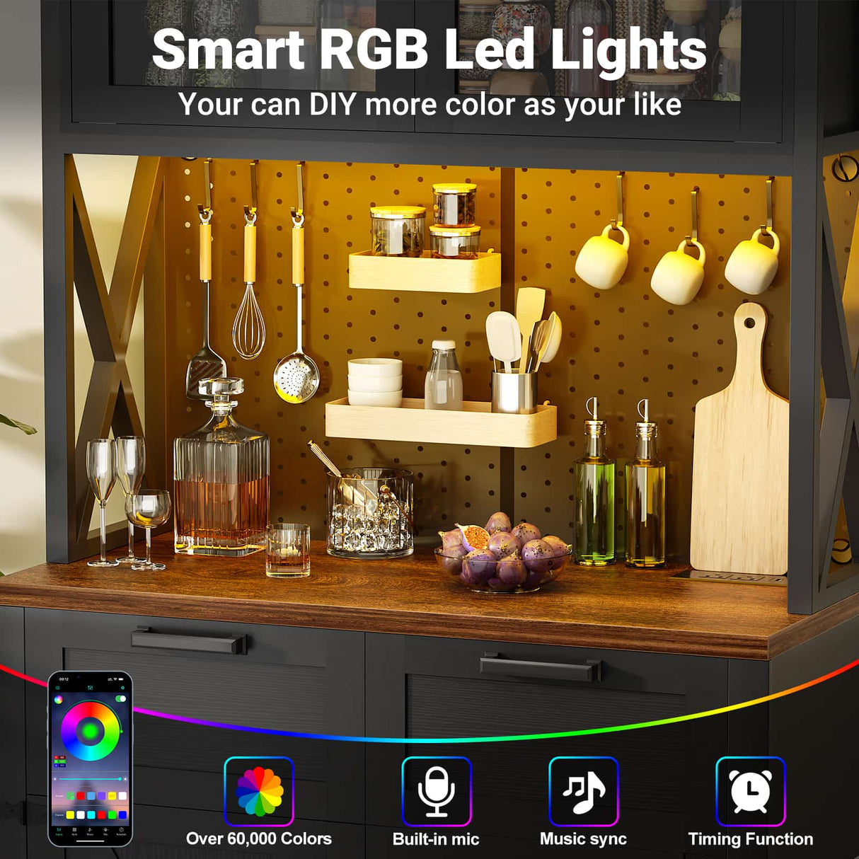 71" Pantry Cabinet with LED Light & Outlet, Coming with 2 Wood Drawers