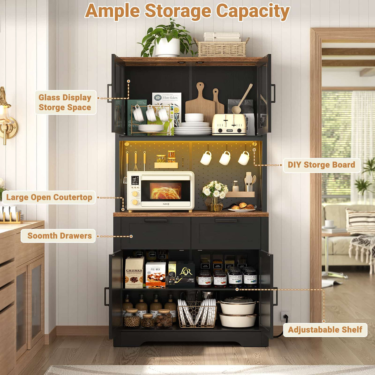 71" Pantry Cabinet with LED Light & Outlet, Coming with 2 Wood Drawers