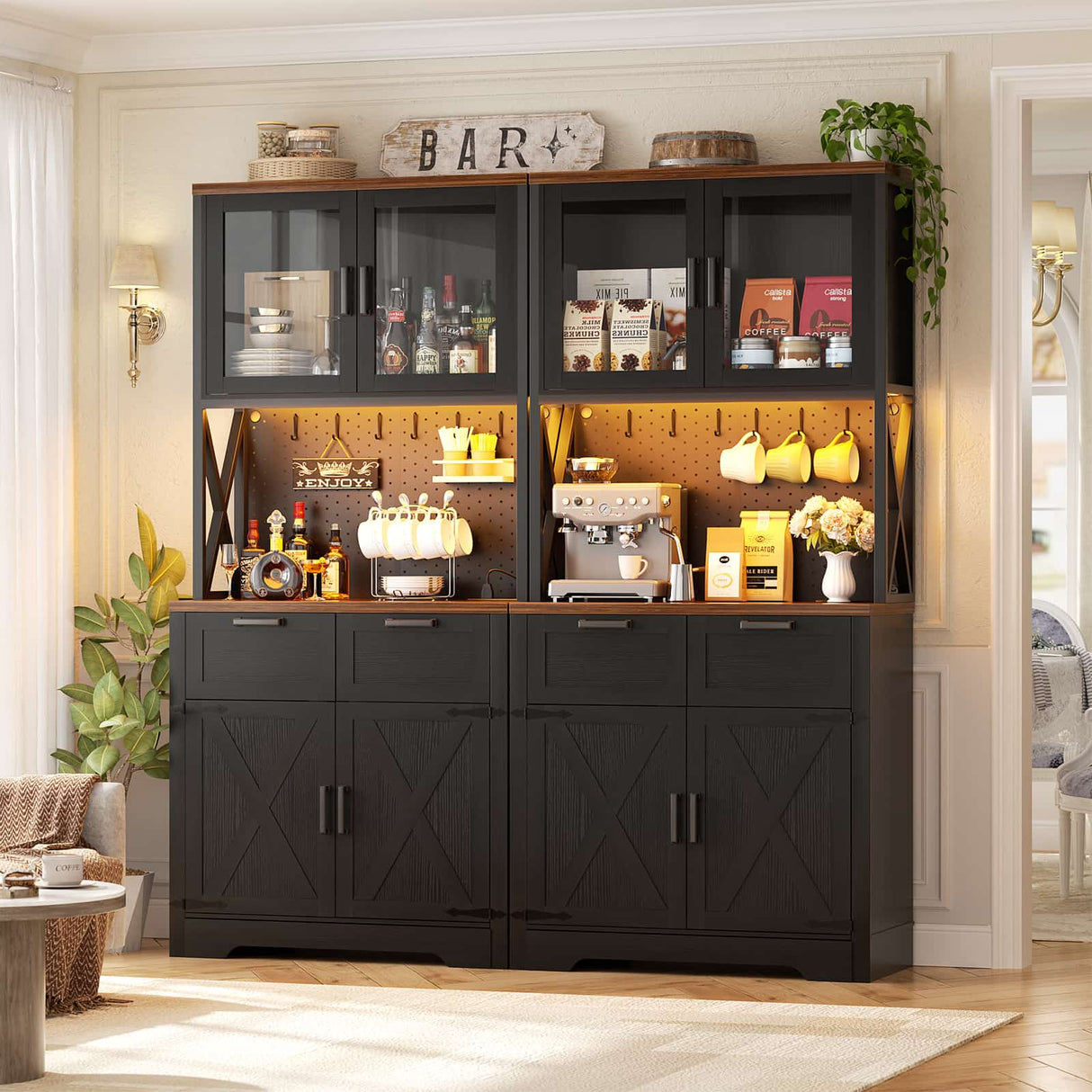 71" Pantry Cabinet with LED Light & Outlet, Coming with 2 Wood Drawers