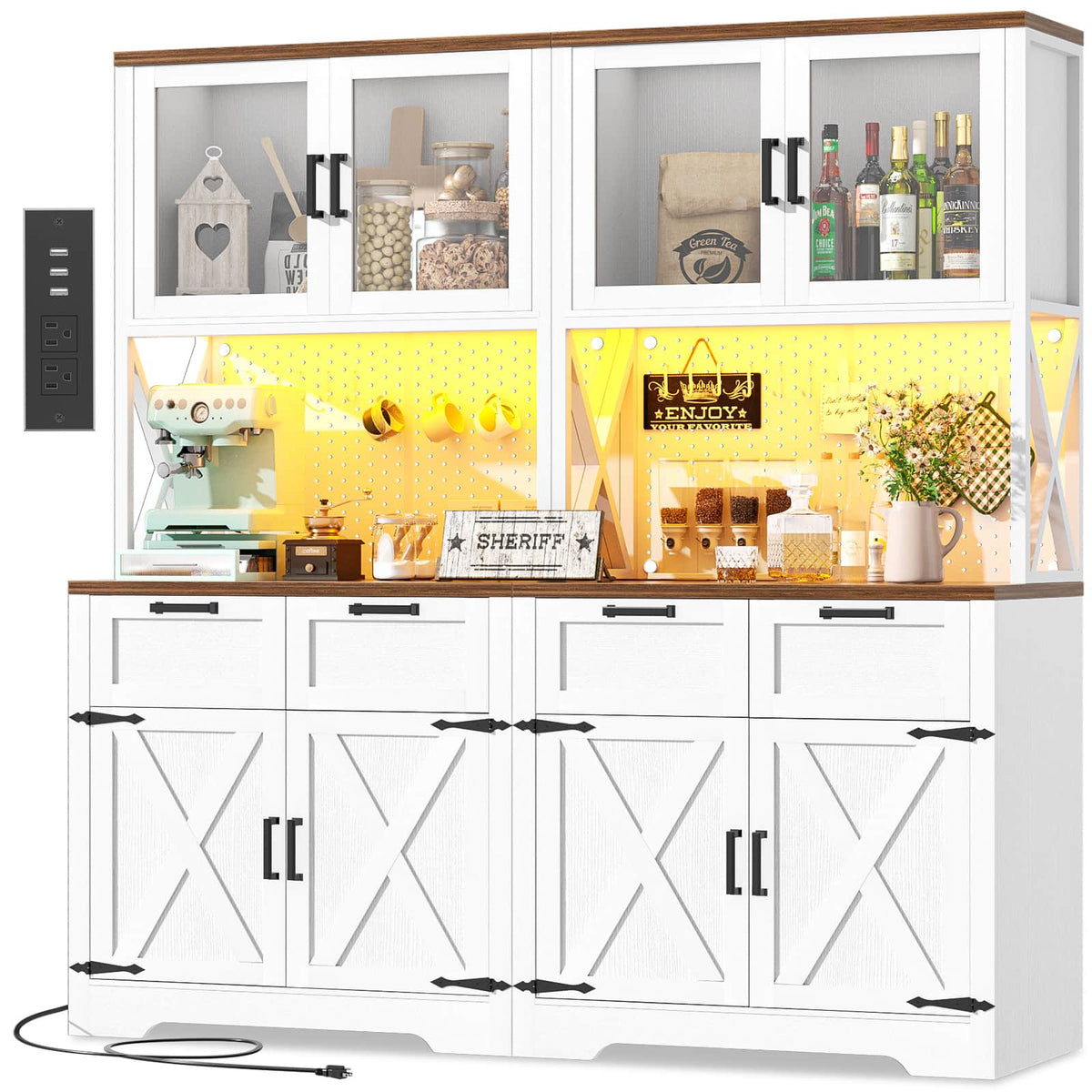 71" Kitchen Pantry Cabinet with Outlet, Microwave Stand, RGB Light