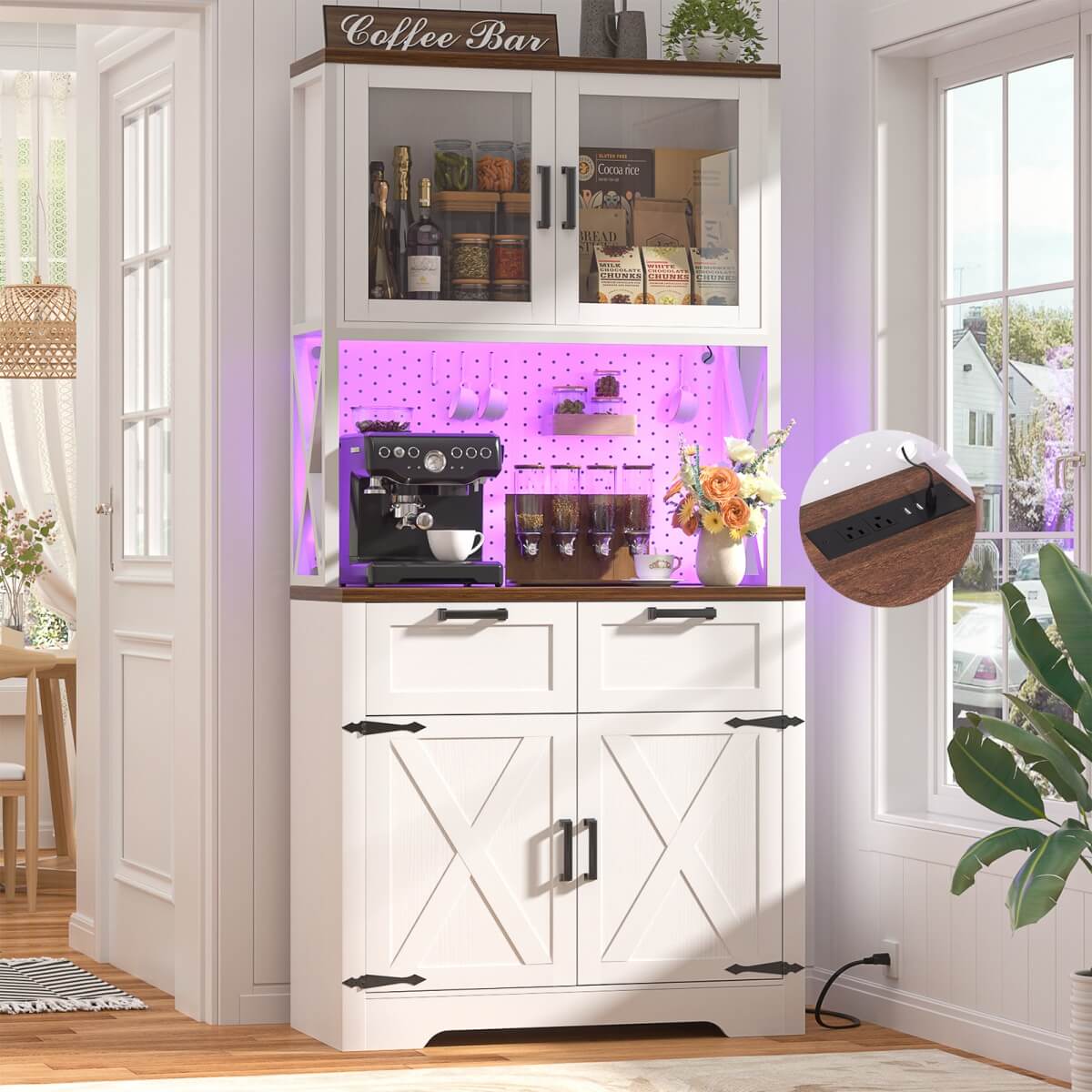71" Pantry Cabinet with LED Light & Outlet, Coming with 2 Wood Drawers