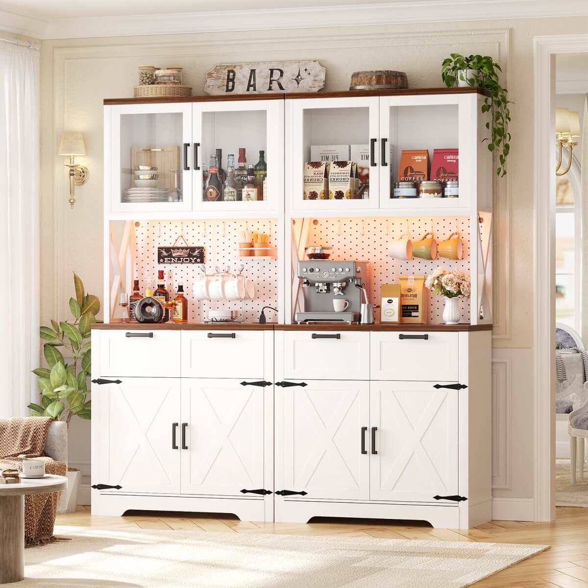 71" Pantry Cabinet with LED Light & Outlet, Coming with 2 Wood Drawers