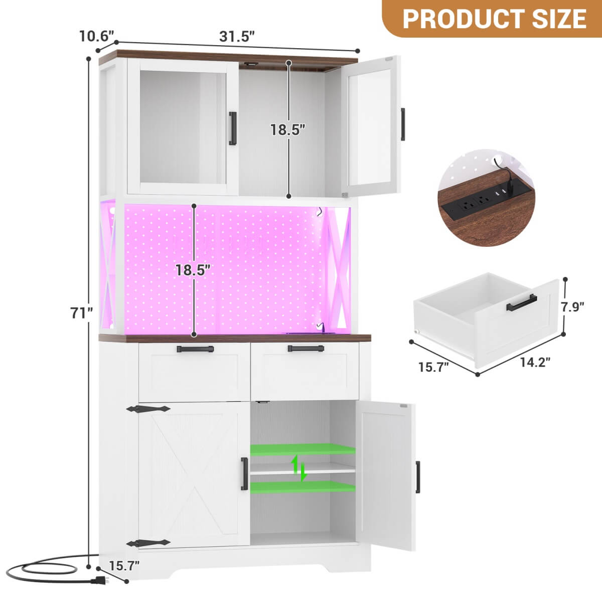 71" Pantry Cabinet with LED Light & Outlet, Coming with 2 Wood Drawers