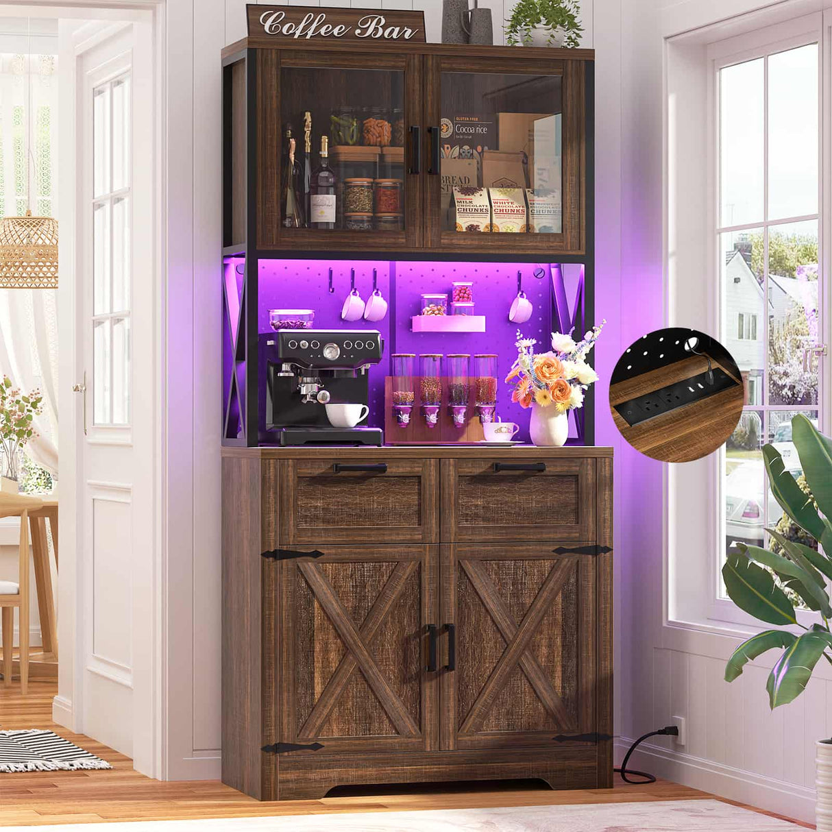 71" Pantry Cabinet with LED Light & Outlet, Coming with 2 Wood Drawers