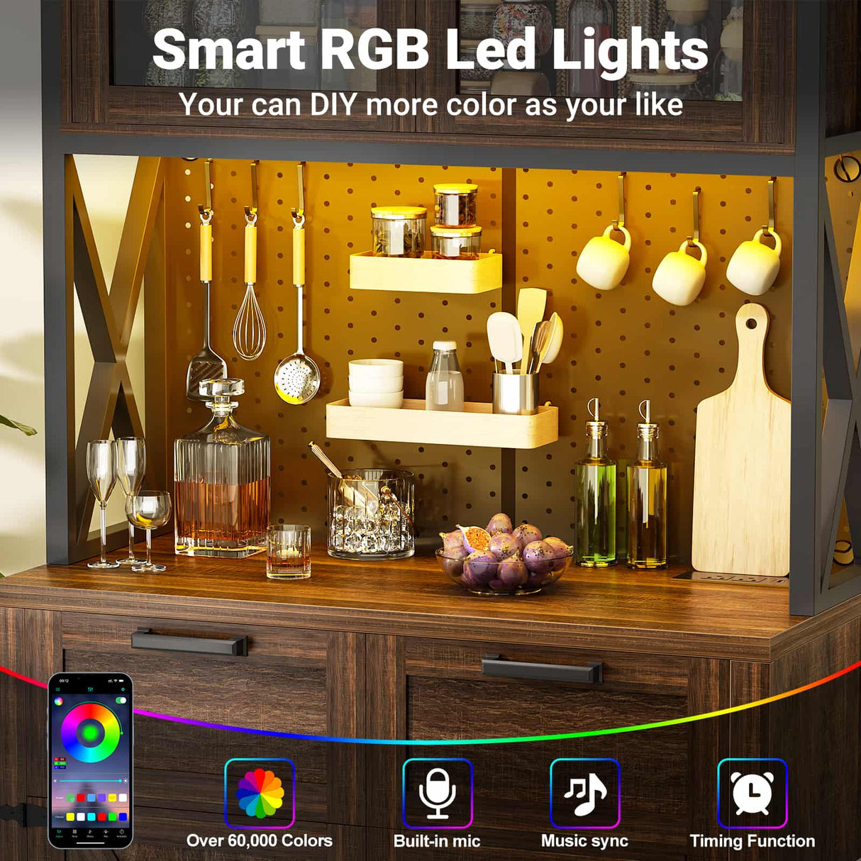 71" Pantry Cabinet with LED Light & Outlet, Coming with 2 Wood Drawers