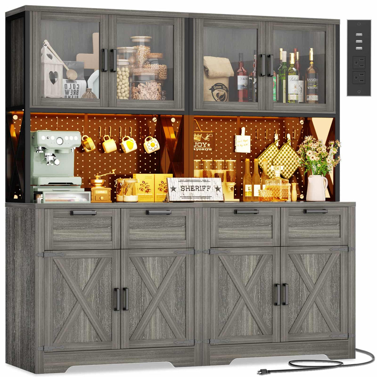 63" Wide Panty Cabinet with LED Light & Outlet