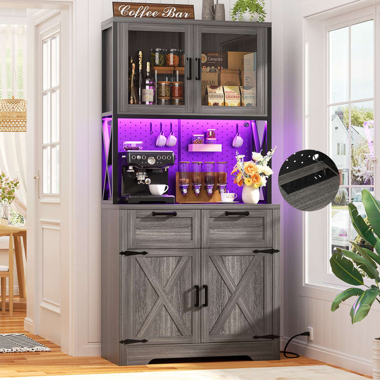 71" Pantry Cabinet with LED Light & Outlet, Coming with 2 Wood Drawers