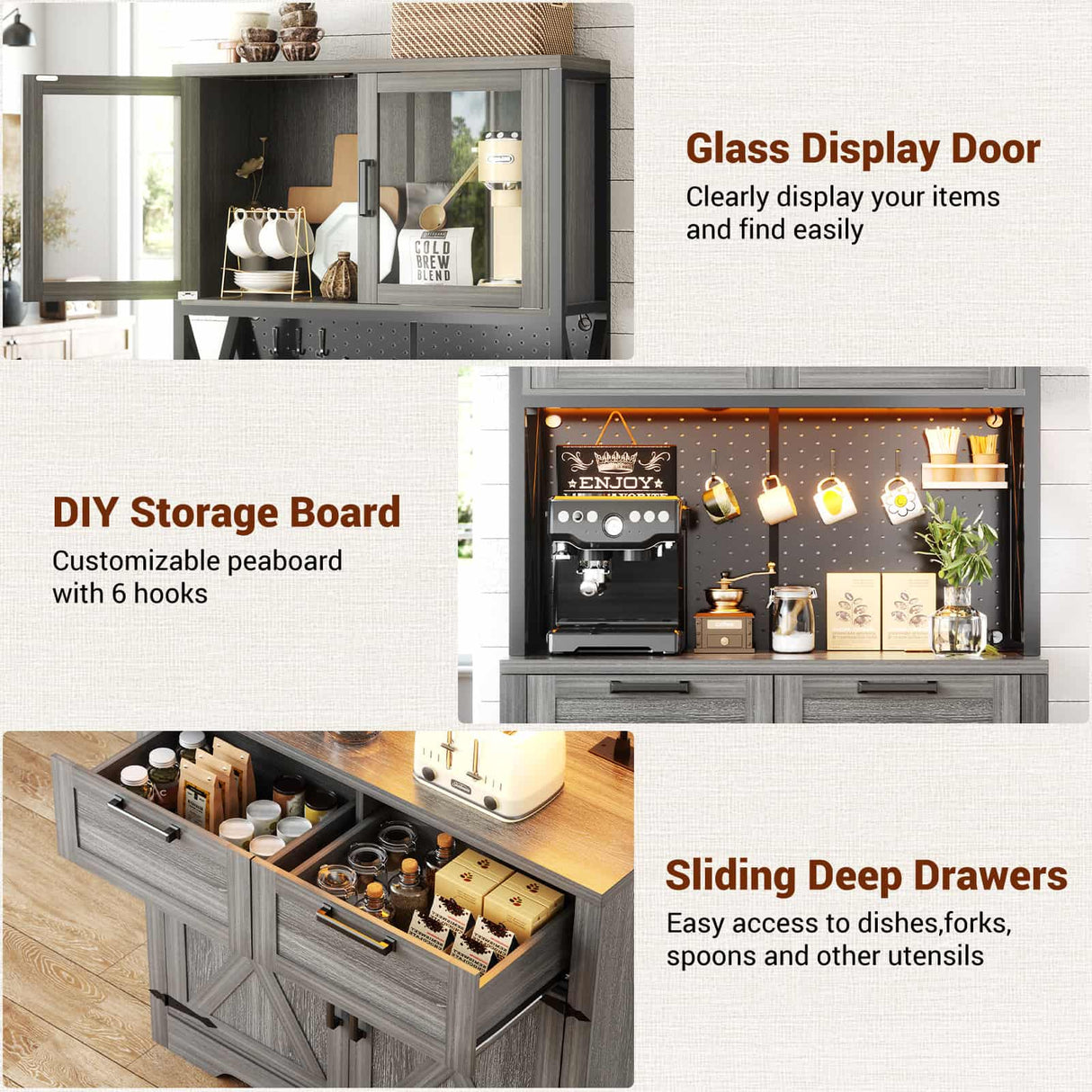 71" Pantry Cabinet with LED Light & Outlet, Coming with 2 Wood Drawers
