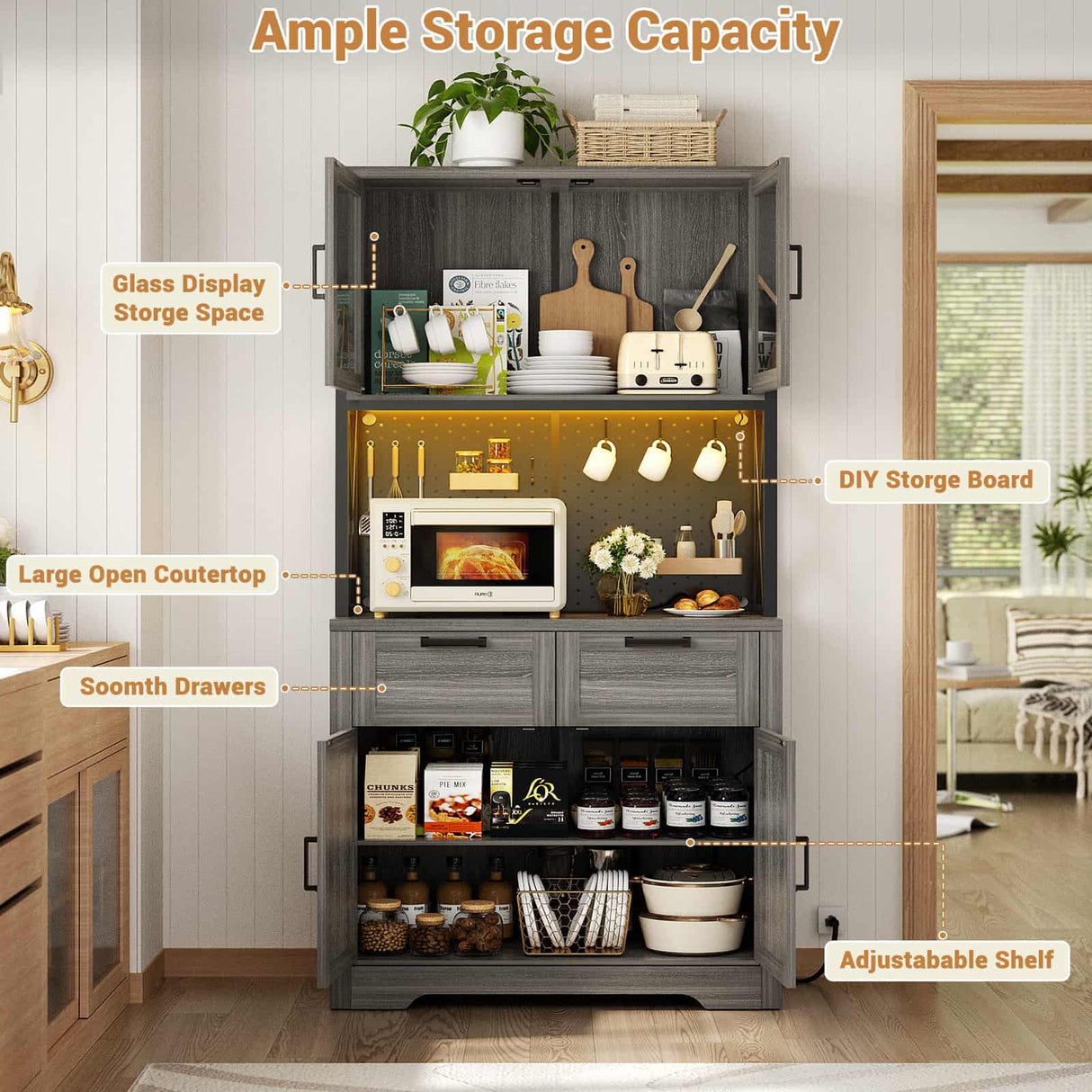 71" Pantry Cabinet with LED Light & Outlet, Coming with 2 Wood Drawers
