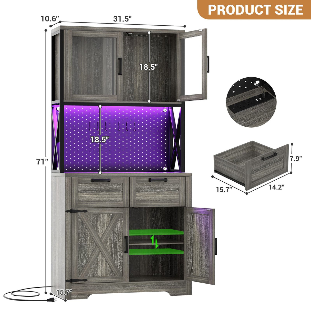 71" Pantry Cabinet with LED Light & Outlet, Coming with 2 Wood Drawers