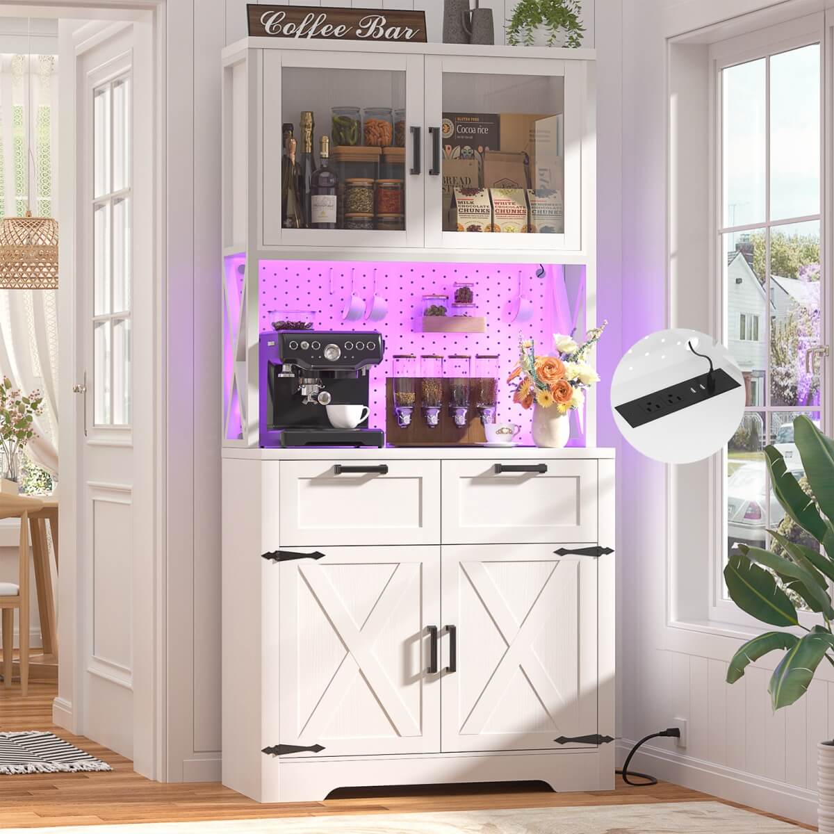 71" Pantry Cabinet with LED Light & Outlet, Coming with 2 Wood Drawers