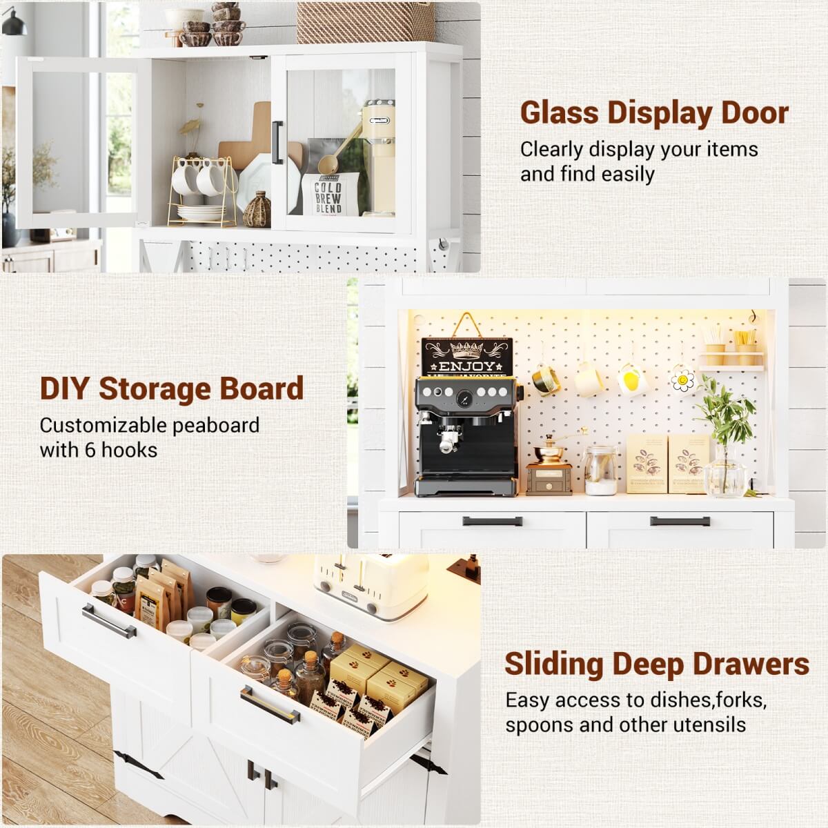 71" Pantry Cabinet with LED Light & Outlet, Coming with 2 Wood Drawers