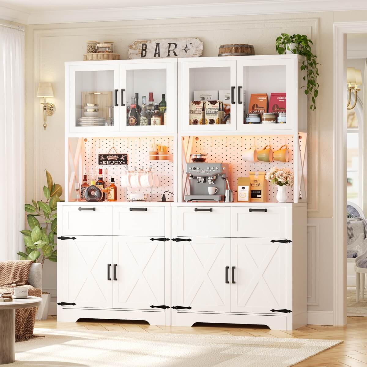 71" Pantry Cabinet with LED Light & Outlet, Coming with 2 Wood Drawers