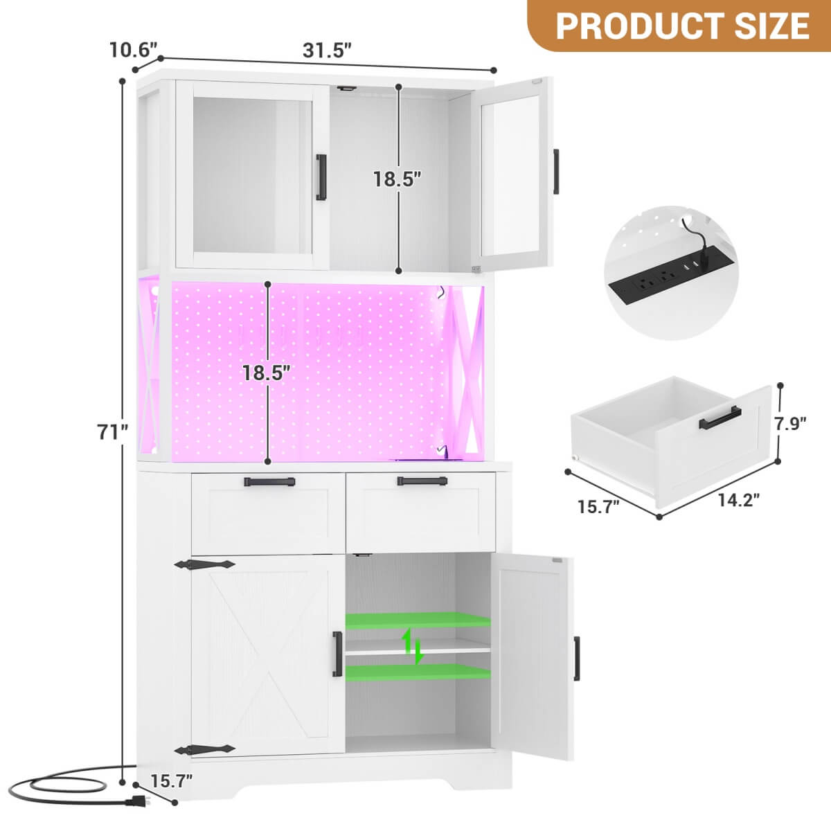 71" Pantry Cabinet with LED Light & Outlet, Coming with 2 Wood Drawers